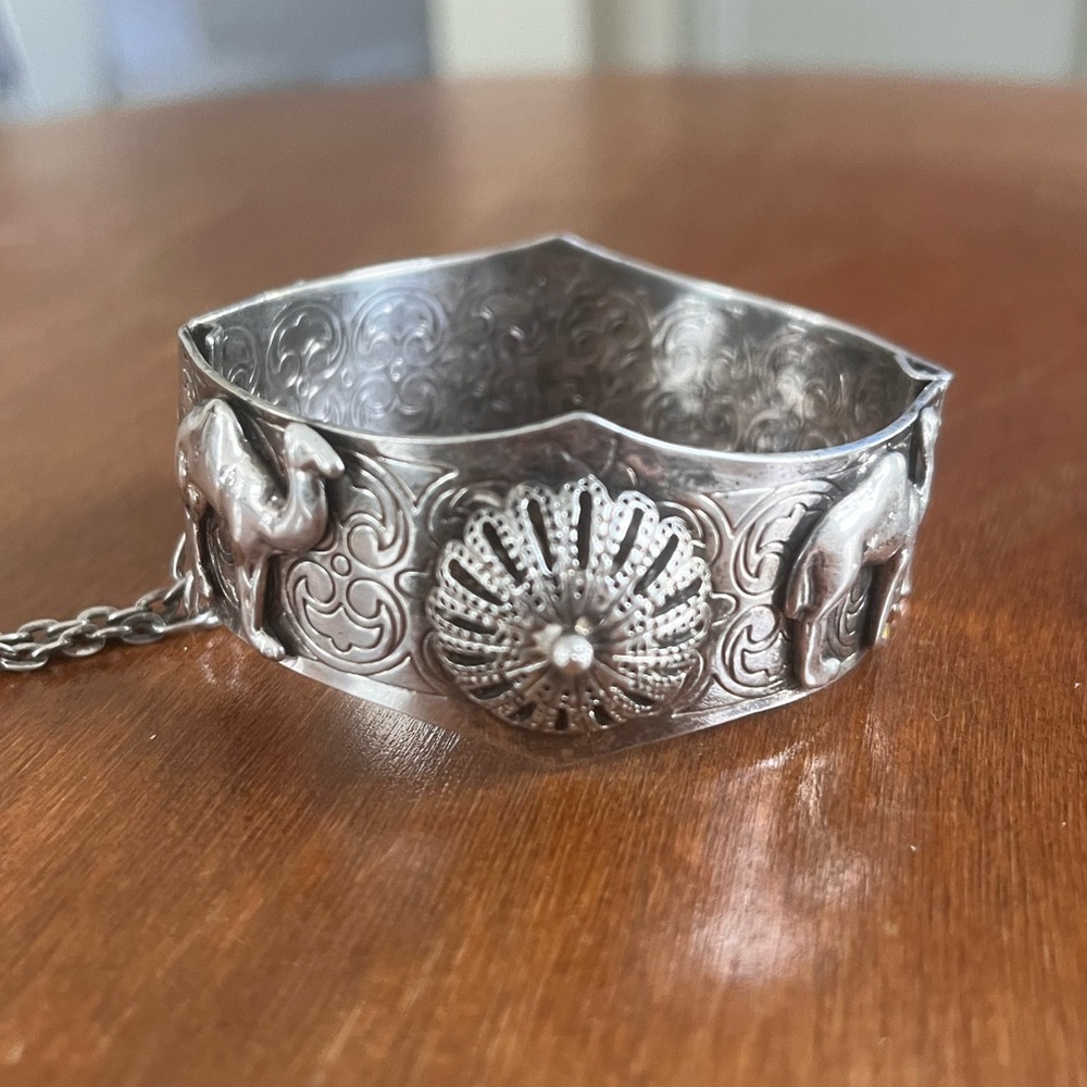 Vintage Hamsa Camel Intricate Design Bangle Bracelet - 925 Sterling Silver, 7"
